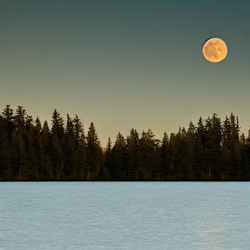 Prompt: wolf moon rising over lake, ethereal, peaceful