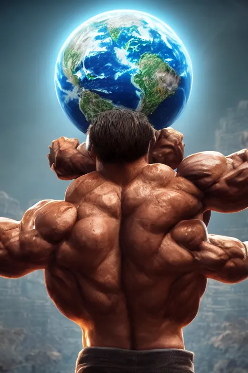 Image similar to a muscular man carrying the Earth on his back, big beard, bold, hyperrealistic, concept art, octane render, unreal engine 5, trending on Artstation, high quality, highly detailed, 8K, soft lighting, anatomically correct, five fingers, blue background, geometric, digital art, trending on DeviantArt, matte painting, fantasy style, dramatic lighting, cinematic