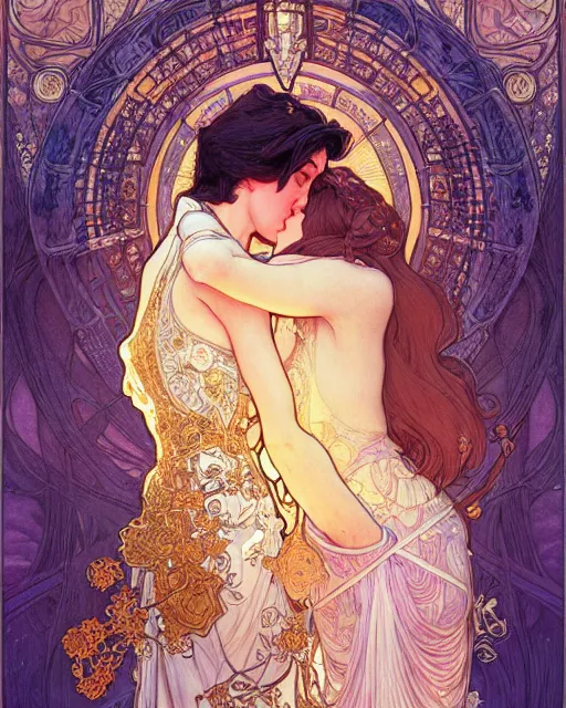 Image similar to the kiss | highly detailed | very intricate | art nouveau | gold filigree | romantic storybook fantasy | soft cinematic lighting | award - winning | disney concept art watercolor illustration by mandy jurgens and alphonse mucha and alena aenami | pastel color palette | featured on artstation