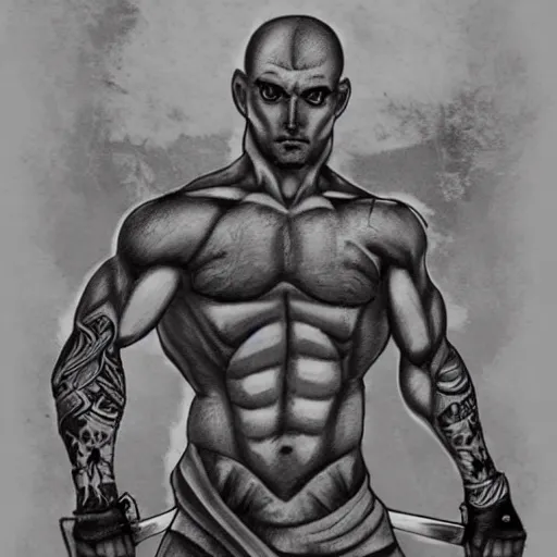 Image similar to muscular bald man, tattooed body, sword in hands, HD, anime style,