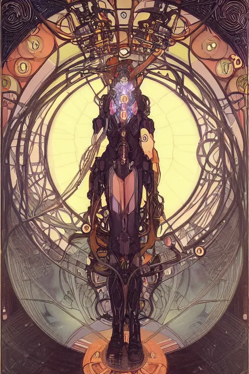 Image similar to realistic detailed portrait of a mecha cyberpunk! goddess by Alphonse Mucha, Charlie Bowater, Art Nouveau cyberpunk! style, mechanical accents!, mecha plate armor, glowing LEDs, flowing wires with leaves, rich deep moody colors