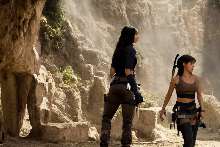 Prompt: Isabela Merced as Dora the Explorer wearing and Angelina Jolie as Lara Croft standing in an ancient temple, high resolution film still, movie by Simon West