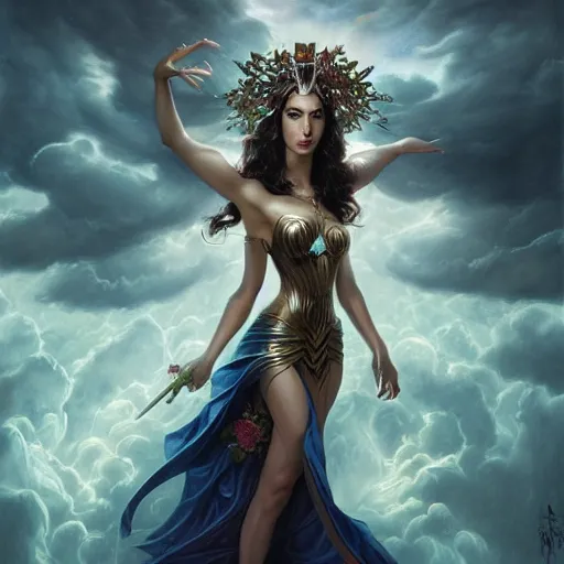 Prompt: fine art photo of the beauty goddess gal gadot, she has a crown of mesmerizing flowers, she is arriving heaven, background full of stormy clouds, by peter mohrbacher, long shot