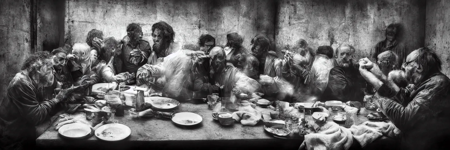 Image similar to Award Winning Editorial wide-angle picture of a Tramps in a Soup Kitchen by David Bailey and Lee Jeffries, called 'The Last Supper', 85mm ND 5, perfect lighting, gelatin silver process