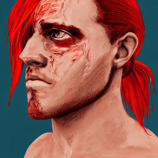 Prompt: portrait, 30 years old man :: red hair ponytail :: burned face, grimy :: high detail, digital art, RPG, concept art, illustration