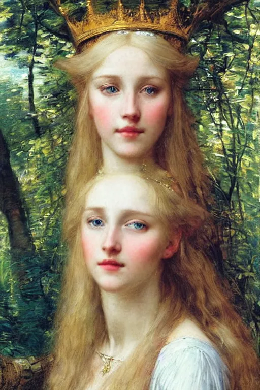 Image similar to portrait of a blue eyed, blonde haired crowned queen of summer with light elvish overtones and a forest background by John WIlliam Waterhouse