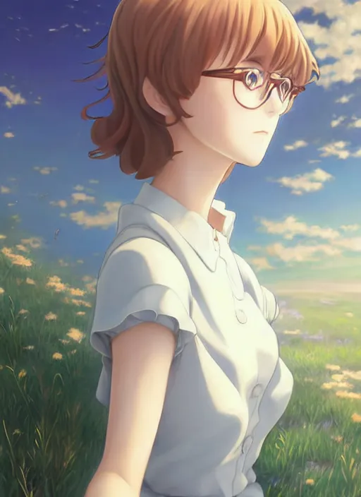 Prompt: Painting of Velma Dinkley in the style of Violet Evergarden, beautiful anime art style, winged eyelashes, countryside, calm, fantasy character portrait, dark outlines, dynamic pose, above view, sunny day, artwork by Makoto Shinkai, very coherent asymmetrical artwork, sharp edges, perfect face, simple form, 100mm