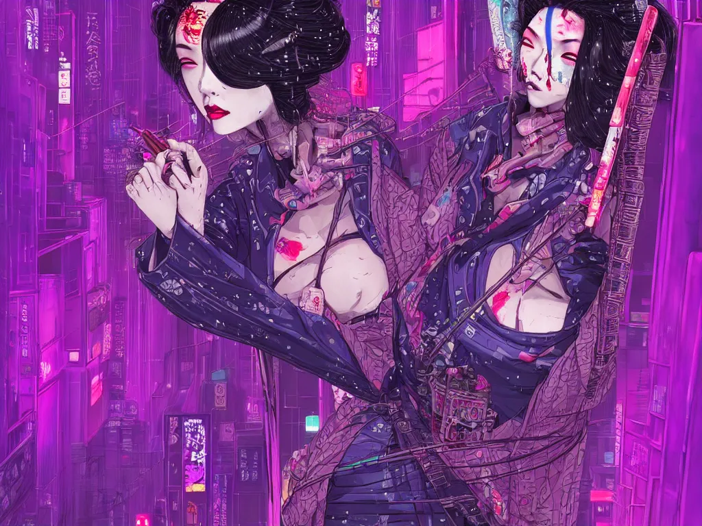 Prompt: high detailed lone dead geisha in a cyberpunk rainy city at night by Josan Gonzalez, purple and pink and blue neons, unreal engine, high quality, 4K, UHD, trending on ArtStation, wires, blade runner vibes, ghost in the shell, akira, dorohedoro