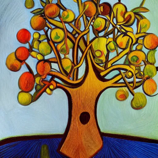 Prompt: intricate five star apple tree portrait by pablo picasso, oil on canvas, hdr, high detail, photo realistic, hyperrealism, matte finish, high contrast, 3 d depth, centered, masterpiece, vivid and vibrant colors, enhanced light effect, enhanced eye detail, artstationhd