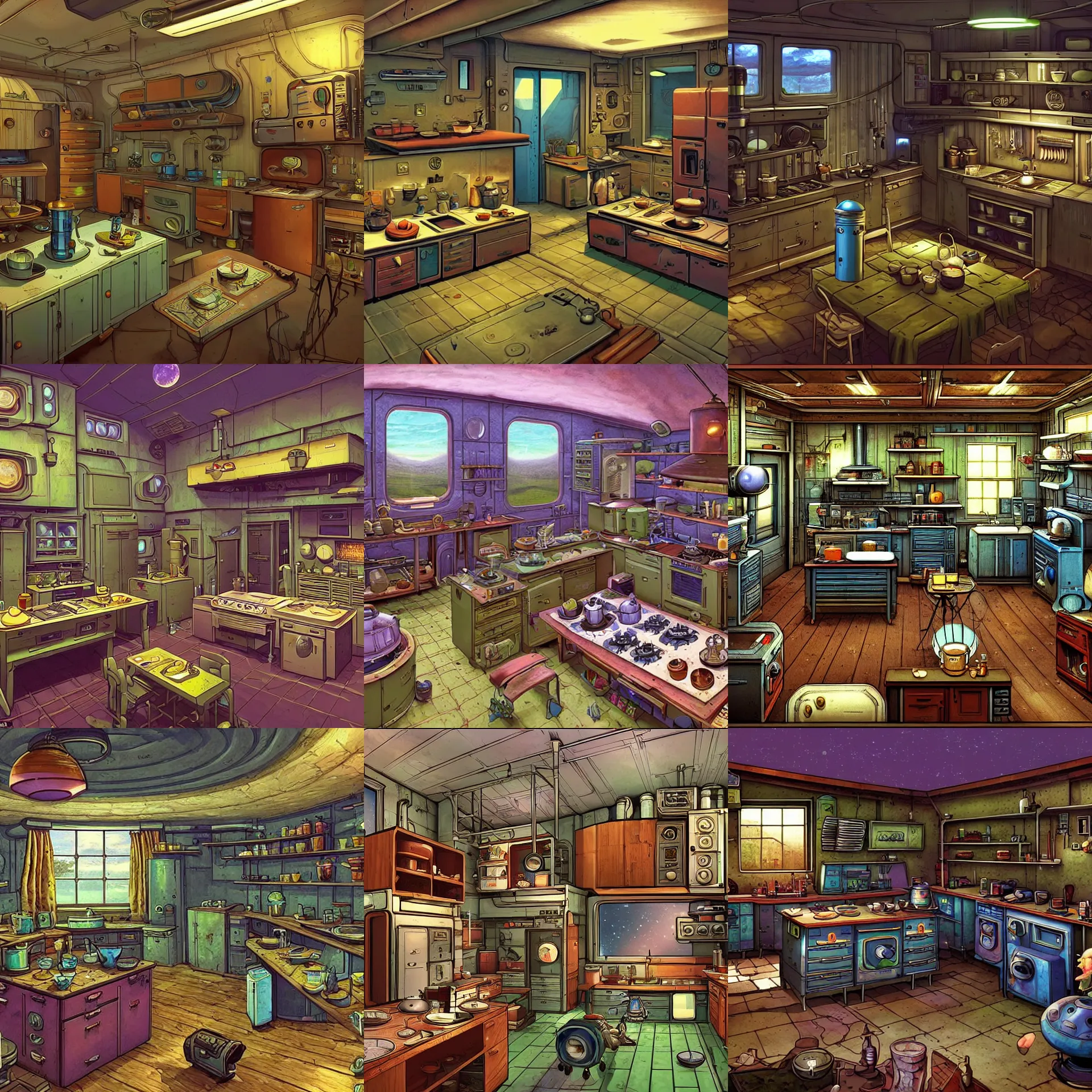 Prompt: the kitchen of a farm house, on a remote planet, with retro sci fi furniture, from a space themed point and click 2 d graphic adventure game, detailed, set design inspired slightly by hg giger, art inspired by thomas kinkade