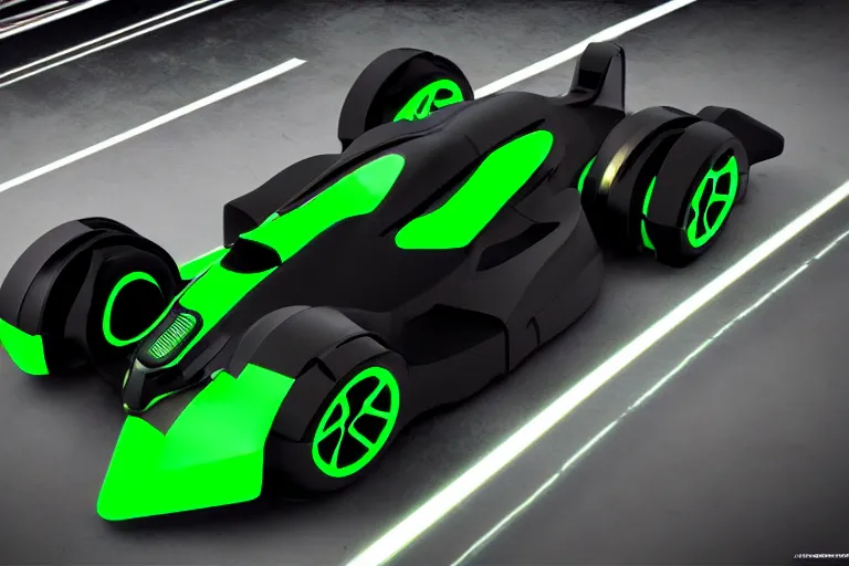 Prompt: ZeratoR futuristic black and green Trackmania racing car ((ZeratoR text))(((ZeratoR))), matte-black, green neon, ray-tracing, octane render, unreal engine, green cyberpunk city background