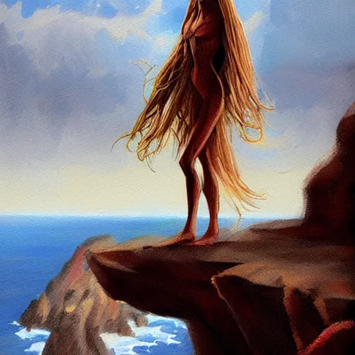 Image similar to improvisational by steve henderson. a beautiful print of a human - like creature with long, stringy hair. the figure has no eyes, only a mouth with long, sharp teeth. the creature is standing on a cliff overlooking a dark, foreboding sea.