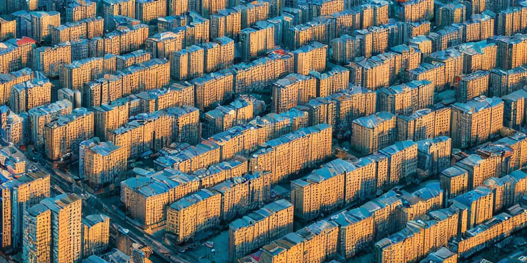 Image similar to bird's eye view photograph of a low income highrise geometric Russian city, apartments, train station, avenues. Square with a statue of leader