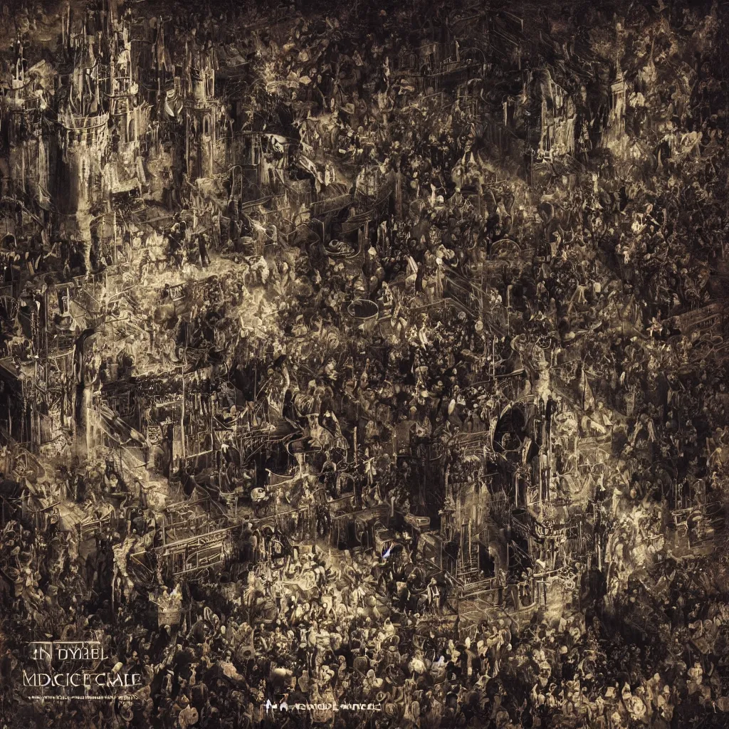 Prompt: an electronic music concert being held inside a medieval castle, album back cover, high detail texture