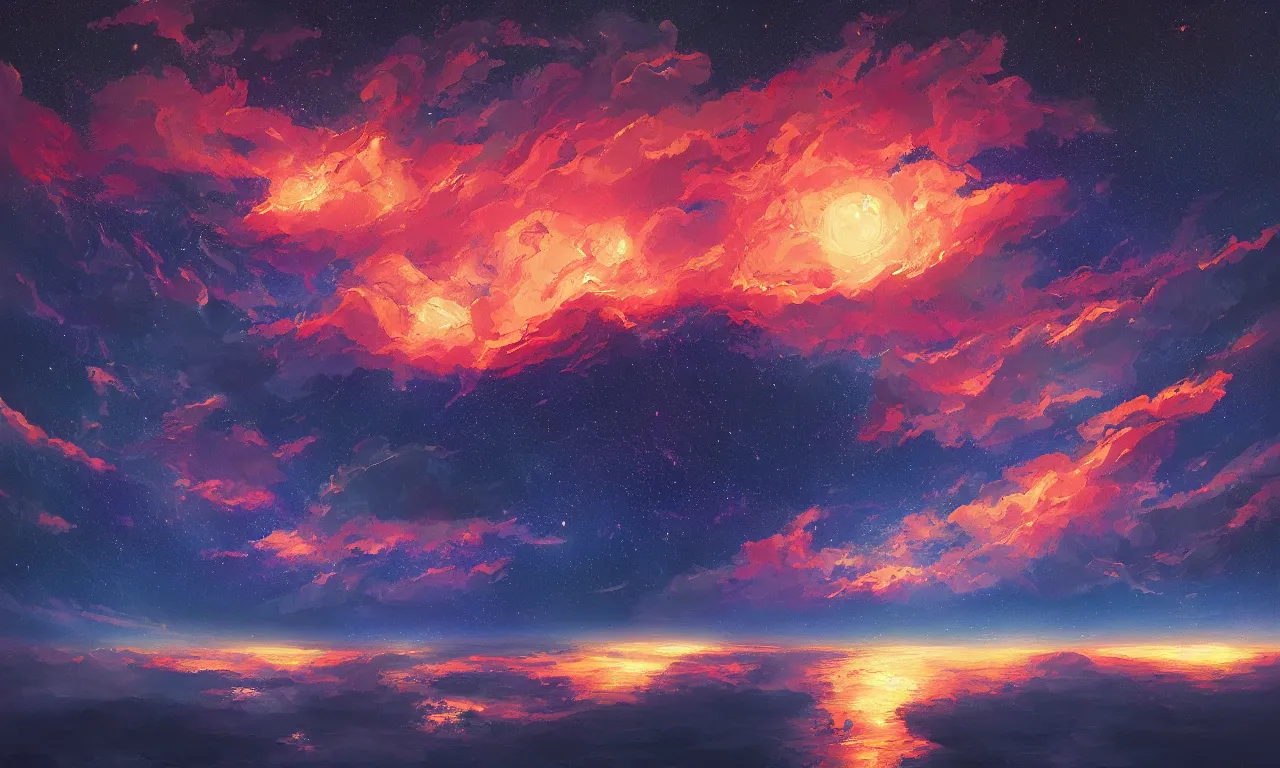 Prompt: a beautiful painting of fire sea, starry sky, moon ， cloud, by liam wong and yuumei and yanjun chen, trending on artstation