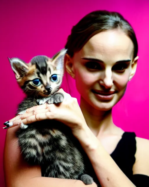 Image similar to a girl looking like natalie portman, holding a robotic kitten. 8k, sharp high quality