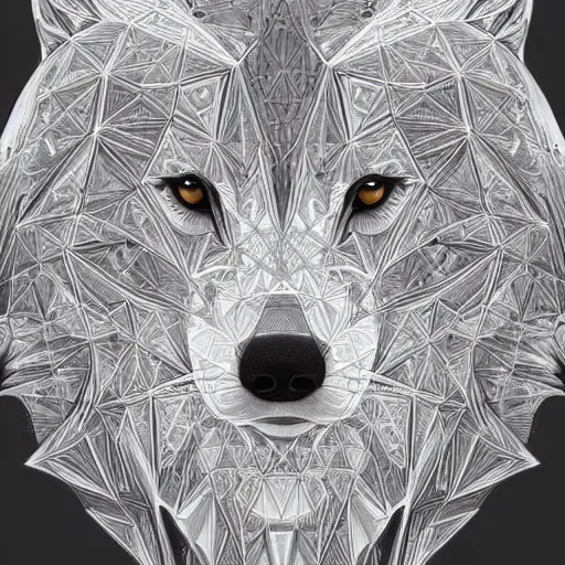 Prompt: Geometric Wolf, intricate, elegant, highly detailed, digital painting, artstation, concept art, smooth, sharp focus, illustration, art by artgerm