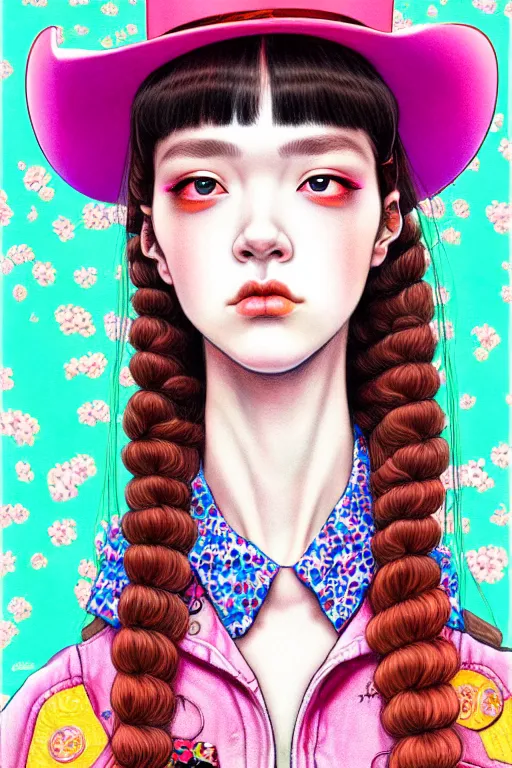 Image similar to girl wearing cowboy hat, style of yoshii chie and hikari shimoda and martine johanna, highly detailed