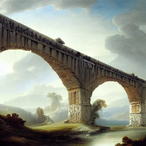 Prompt: digital fantasy of ruined with crystal openwork lace bridge aqueduct at mountain painting by hubert robert high resolution devianart detailed, dreamy, clouds, river