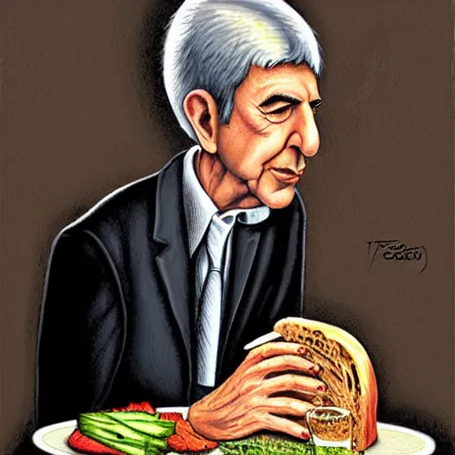 Prompt: Leonard Cohen pondering his Reuben sandwich by Todd Lockwood