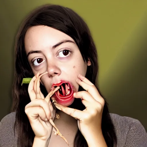 Prompt: young vampire aubrey plaza eating a clove of garlic, art by beeple