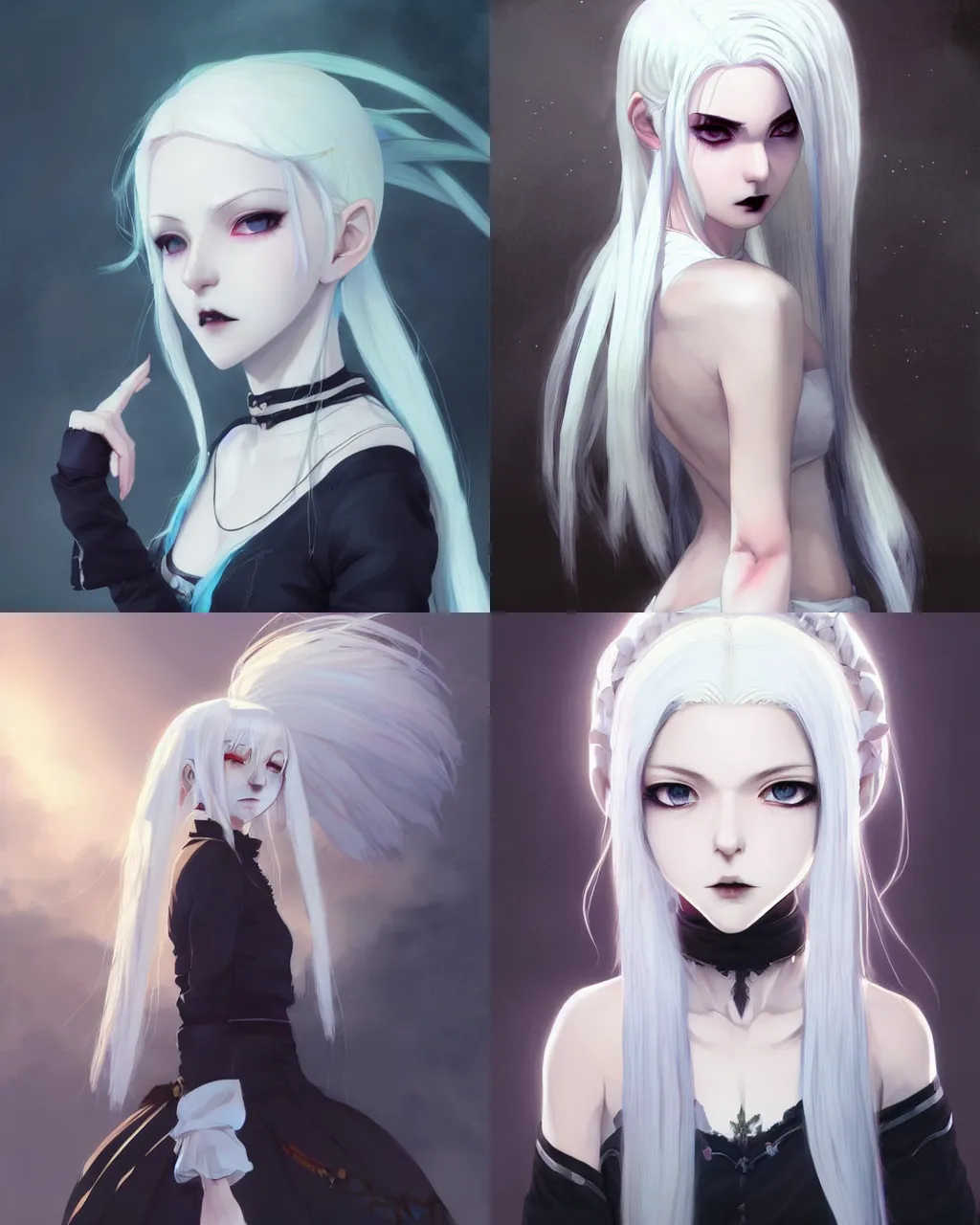 Prompt: girl with white hair and gothic skirt, a beautiful frontal portrait, rim light, perfectly shaded, soft painting, art by hidari and makoto shinkai and wenjun lin