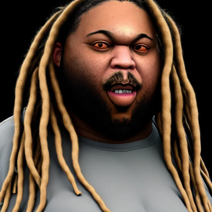 Image similar to hyperrealistic mixed media portrait of an overweight black man with dreads wearing a gi, doing martial arts, 8 k octane beautifully detailed render, post - processing, extremely hyperdetailed, trending on artstation