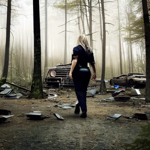 Image similar to beautiful blonde female cop walking through forest of crashed cars, wide shot, full perspective, curvy, mystery, fog, night time, starry skies.