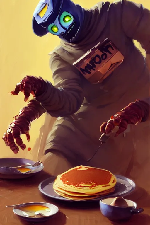 Image similar to mf doom making pancakes animation pixar style, by magali villeneuve, artgerm, jeremy lipkin and michael garmash, rob rey and kentaro miura style, golden ratio, trending on art station