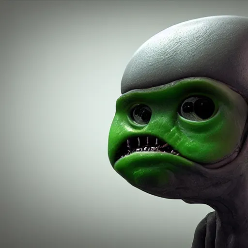 Image similar to an alien with big eyes and a green body, a computer rendering by David Firth, cgsociety, neo-figurative, polycount, zbrush, rendered in maya