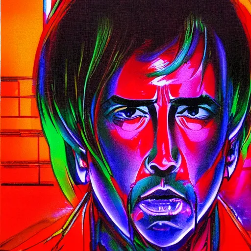 Image similar to beautiful amazing anime portrait painting of nicholas cage in tokyo. neon lights. by hayao miyazaki, katsuhiro otomo, akira toriyama, satoshi kon, eiichiro oda, hideaki anno