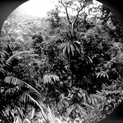 Image similar to a rizom lost film footage of a ( ( ( ( ( ( ( ( sphere ) ) ) ) ) ) ) ) in the middle of the tropical jungle / tripicalism / film still / cinematic / enhanced / 1 9 2 0 s / black and white / grain