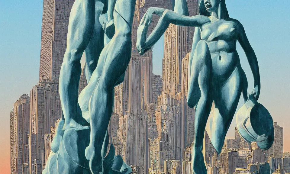 Prompt: digital painting of of a massive greek sculpture a beautiful massive female statue surrounded hovering over the new york skyline, by syd mead and jack kirby, color scheme, kirby crackle, concept art