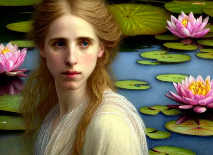 Prompt: 8K, soft light, warm volumetric lighting, highly detailed, brit marling style 3/4 ,view from above of close-up portrait photo of a beautiful woman how pre-Raphaelites painter, face is emerging of a pond with beautiful water lilies, she has a beautiful lace dress and hair are intricate with highly detailed realistic beautiful flowers , Realistic, Refined, Highly Detailed, natural outdoor soft pastel lighting colors scheme, faded colors, outdoor fine art photography, Hyper realistic, photo realistic,warm lighting,