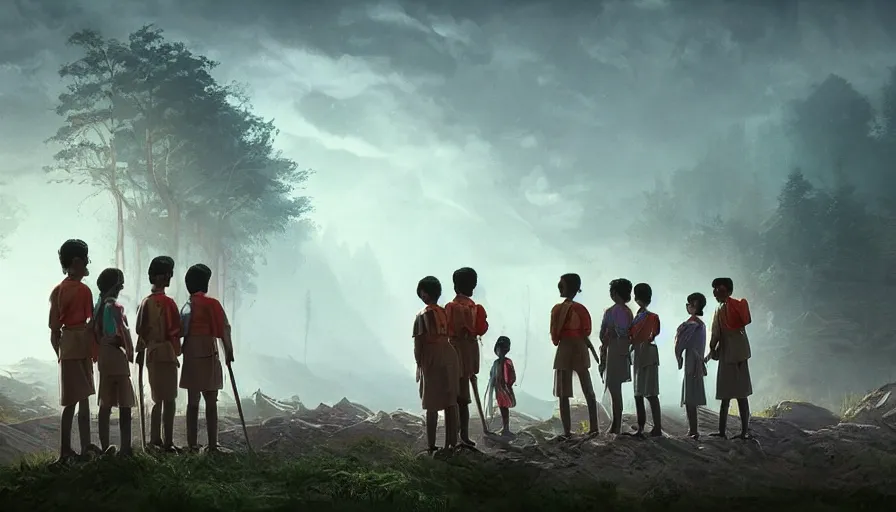 Prompt: kerala school kids wearing gender neutral uniform posing for a photo, an epic fantasy, dramatic lighting, cinematic, establishing shot, extremely high detail, photorealistic, cinematic lighting, artstation, matte painting by simon stalenhag, horizon forbidden west