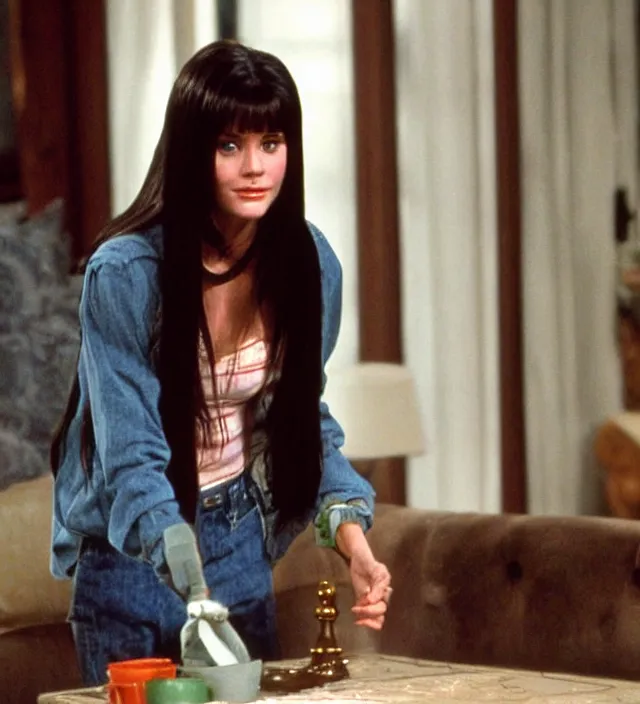 Image similar to young courtney cox as monica in friends, movie still frame, hd, cinematic lighting