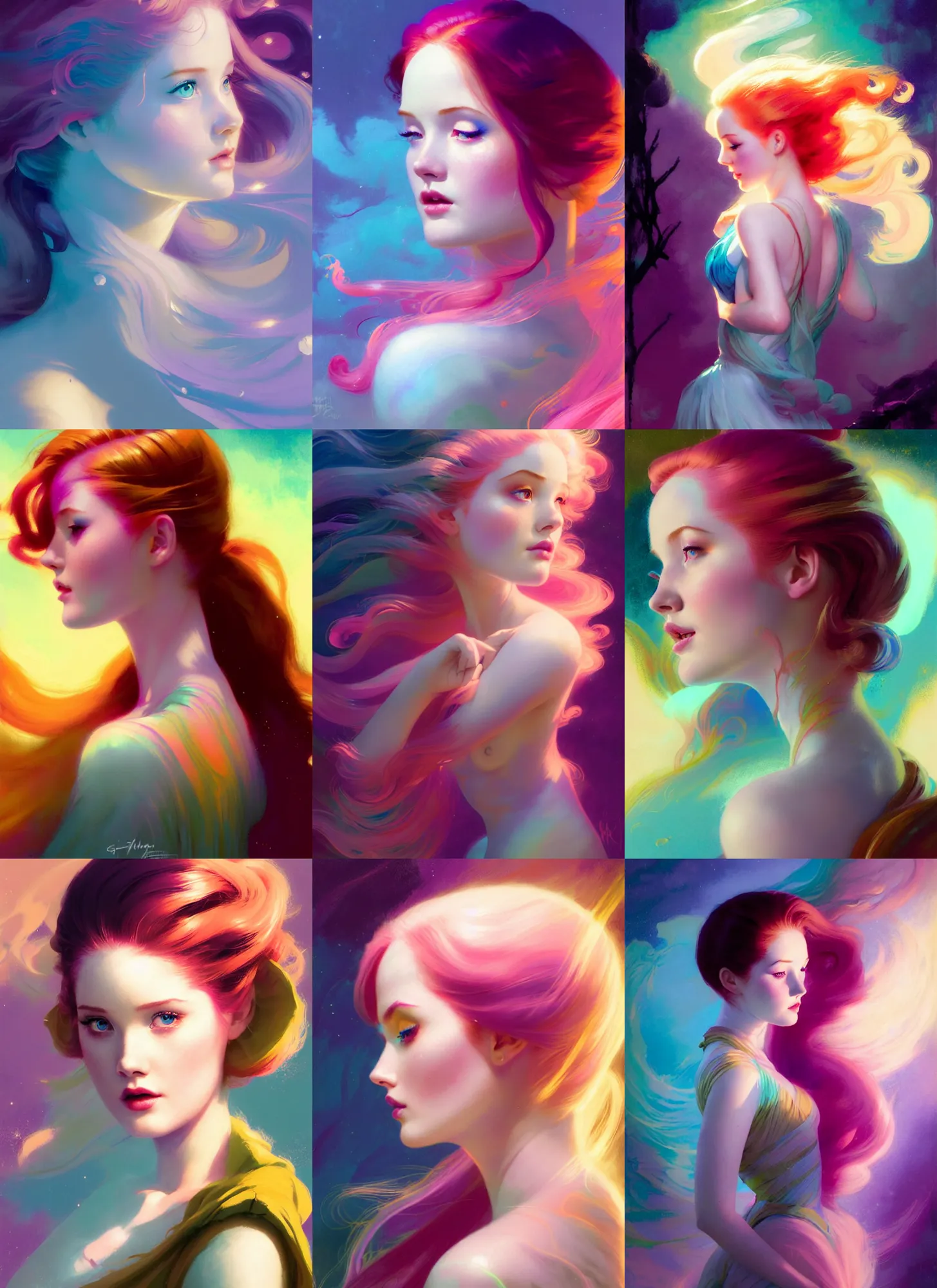 Prompt: side portrait, ellie bamber, pixie fae, gloomhaven, luminescent, colorful swirly magic ripples, pastel colors, by greg manchess, huang guangjian, gil elvgren, sachin teng, greg rutkowski, jesper ejsing, ilya kuvshinov