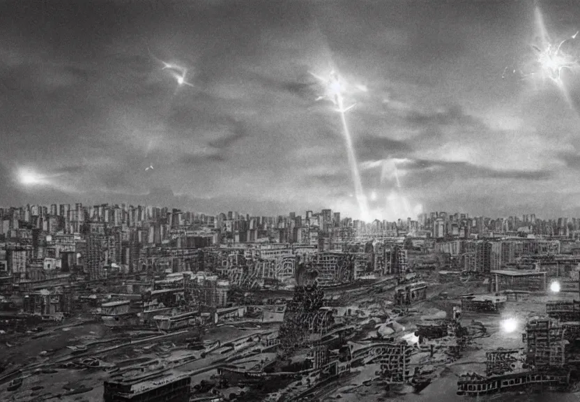 Image similar to Pulgasari the North Korean starfish monster destroying Pyongyang city, volumetric lighting, filmstill, produced by Kim Jong-il, Kodachrome, kaiju-eiga, monster movie, communist propaganda, film noir, 35mm film grain, Cooke Varotal 20-100mm T3.1, in the style of Ishirō Honda and Shinya Tsukamoto