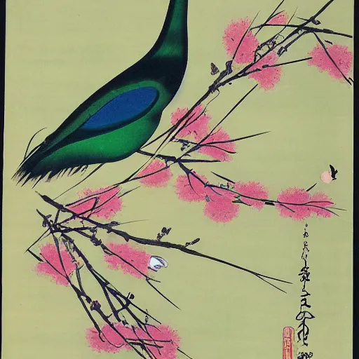 Prompt: green peacock and cherry blossoms by ohara koson, shin - hanga style, painted by wassily kandinsky and hr giger and georgia okeeffe, woodblock print