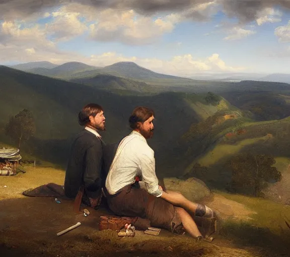 Prompt: landscape portrait of a couple looking over west virginia, smoking cigarettes on the roof, by william sidney mount - 1 8 3 3, trending on artstation
