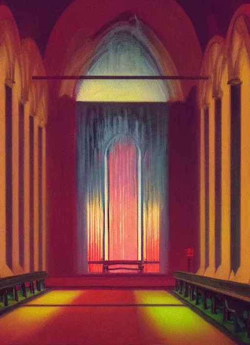 Image similar to waterfall in a church interior with neon lights painted by Edward Hopper and James Gilleard