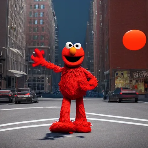 Image similar to Cinema4d 3d octane render of giant Elmo from sesame street being depicted as a 90’s rapper in New York City, highly detailed, 4K, moody lighting