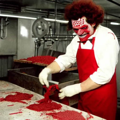 Prompt: ronald mcdonald working in a slaughterhouse.