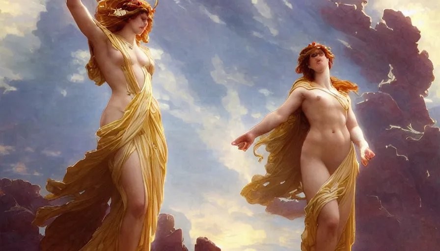 Image similar to goddess helios descending from olympus, artstation, concept art, smooth, sharp focus, illustration, art by artgerm and greg rutkowski and alphonse mucha and william adolphe bouguereau and john william waterhouse