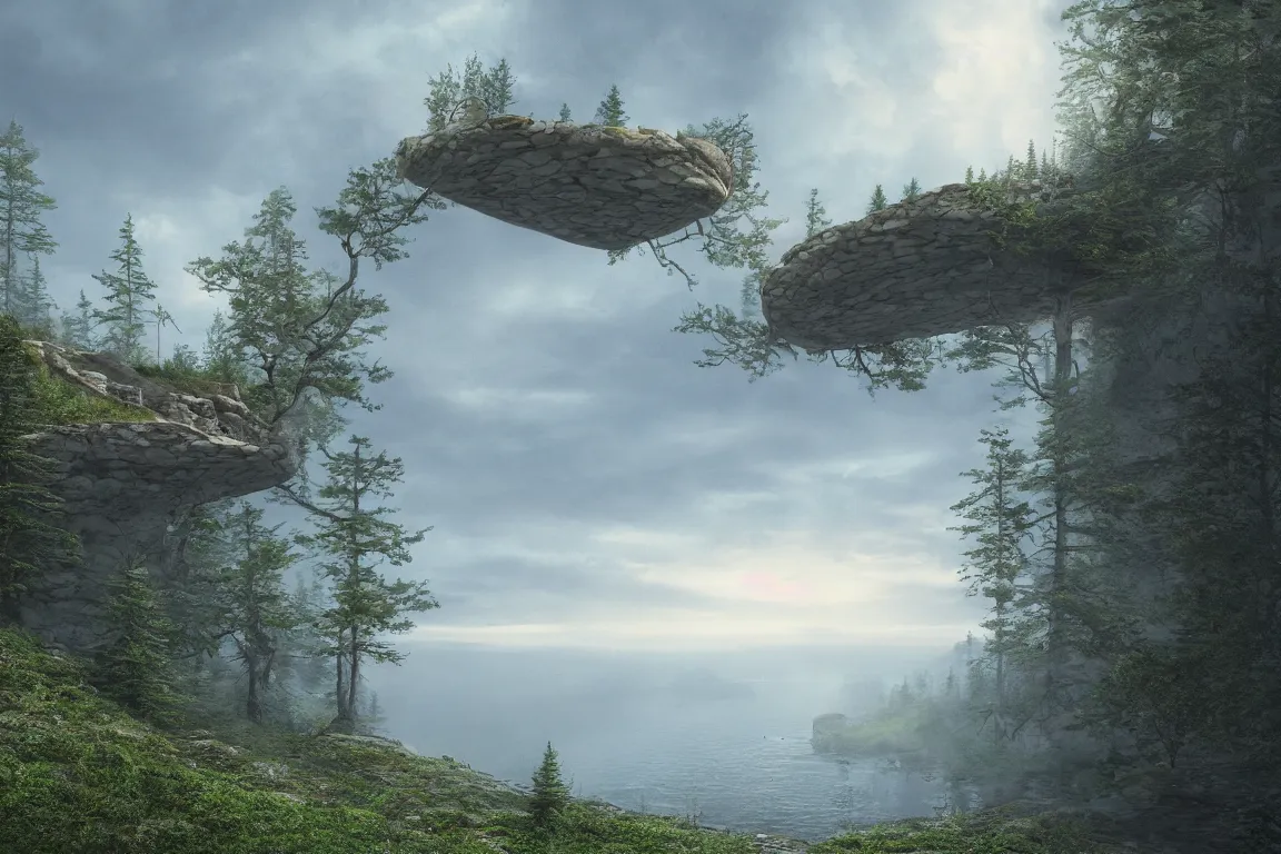 Image similar to A beautiful matte drawing of a ellipse-shaped building with rounded windows, standing on a large cliff near a coniferous forest. A thin stone bridge goes over the cliff. View from afar, photorealism, fog, 8k, 16k