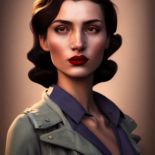 Image similar to A videogame portrait of a Spanish young woman with high cheekbones. Good bone structure. Dressed in 1940s style. Highly detailed, fine Art, high detail, great lighting, 8k resolution, masterpiece, concept art, illustration, clear eyes, painting oil on canvas, octane render, HDR, trending on artstation, 4k, 8k, HD