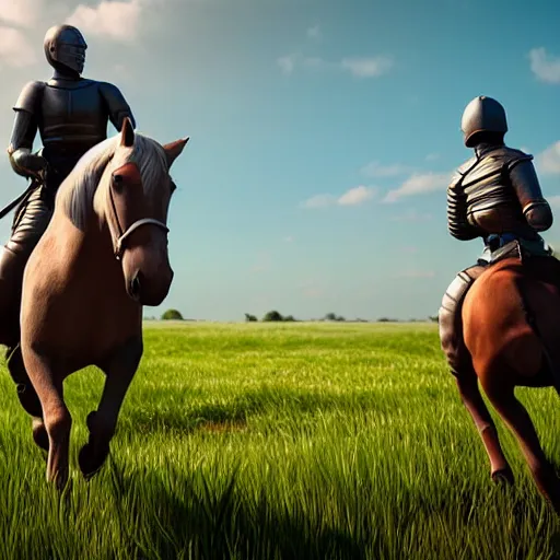 Image similar to knight riding a horse in a field, full 8 k highly detailed unreal engine 5 render