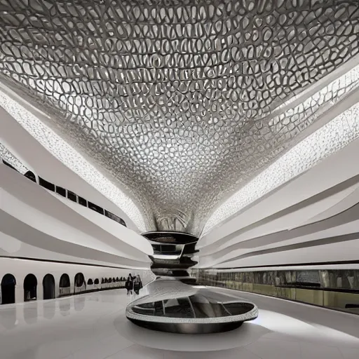 Image similar to extremely detailed ornate stunning beautiful elegant futuristic museum lobby interior by Zaha Hadid