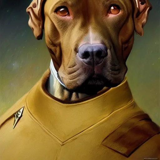 Image similar to a portrait of a pitbull dogman canine star trek officer. highly detailed painting by gaston bussiere, craig mullins, j. c. leyendecker, furry