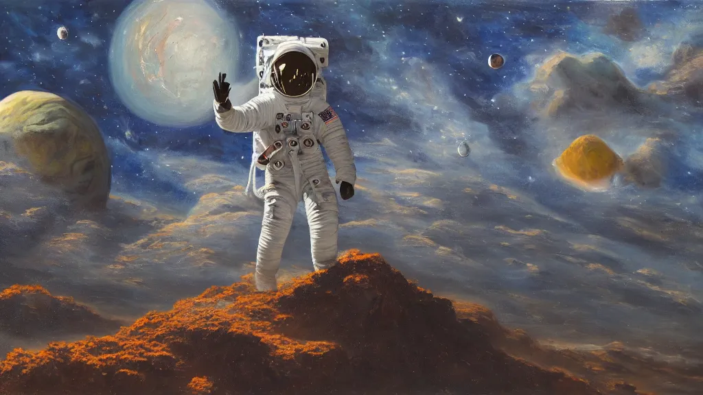 Image similar to an astronaut among goliaths in a landscape, oil on canvas, painting, 4k, wide shot